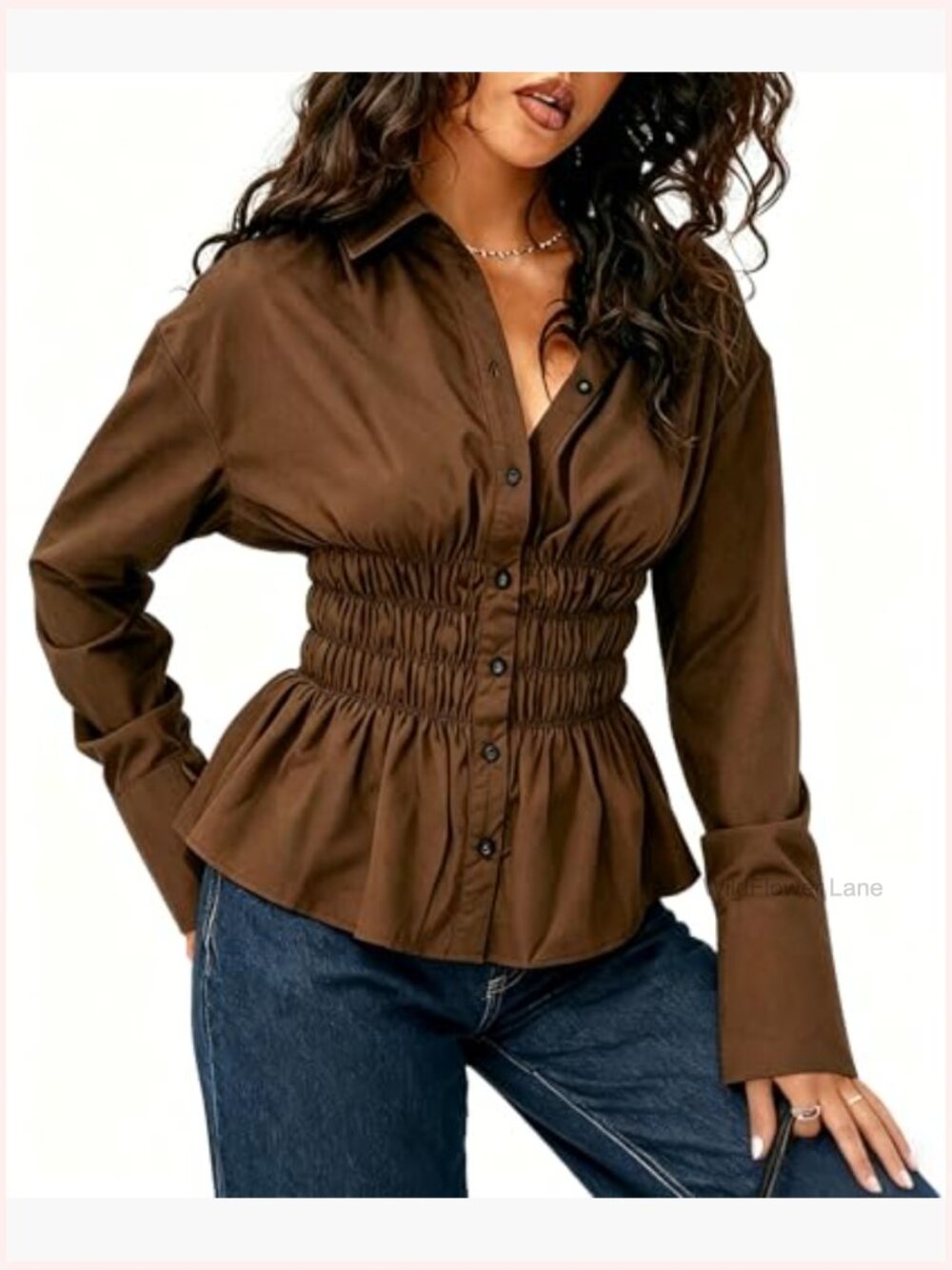 Women Long Sleeve Button Down Fitted Shirts Collared Cinched Waist Tops Office - Picture 2 of 6